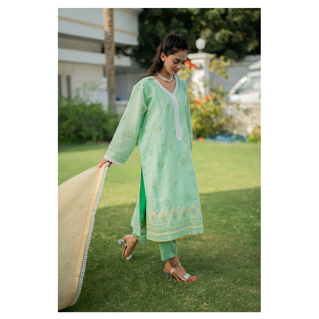 3-Piece Chickenkari Suit (Mint Green)