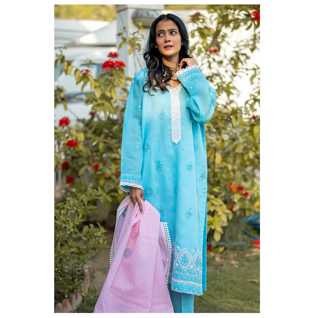 3-Piece Chickenkari Suit (Sky Blue)