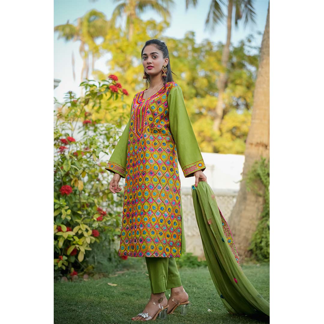 3-Piece Phulkari Suit (Green) - Image 2