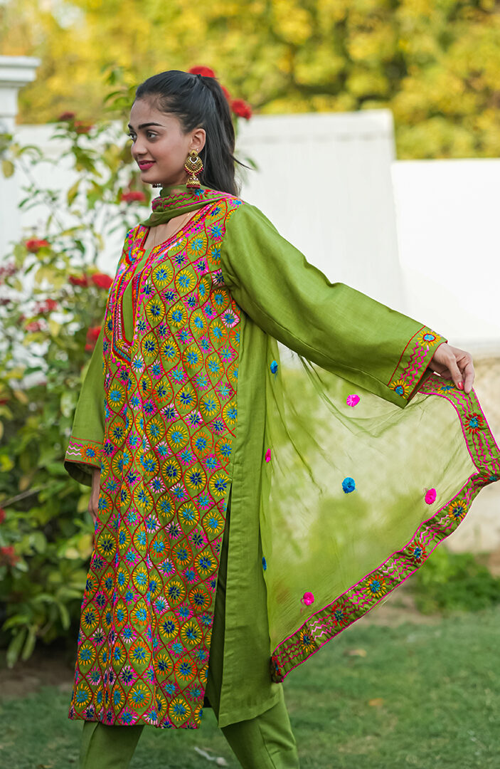 3-Piece Phulkari Suit (Green) - Image 5
