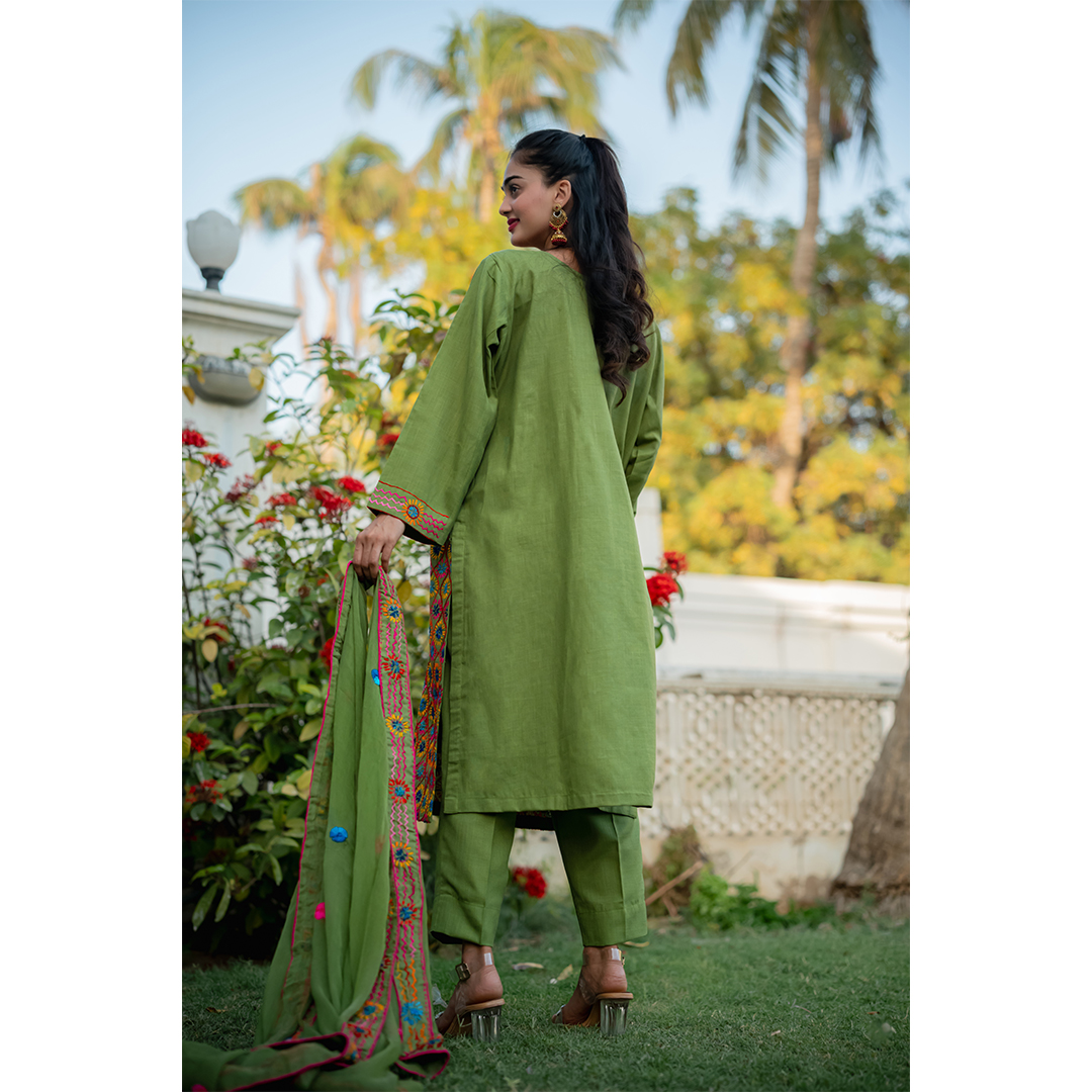 3-Piece Phulkari Suit (Green) - Image 3