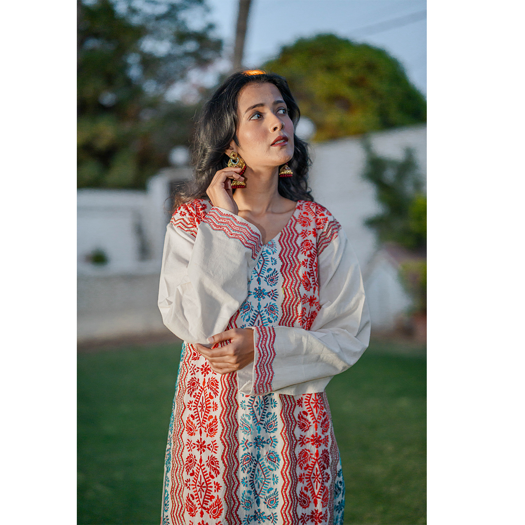 Kantha Kurta-Red & Aqua - Image 3