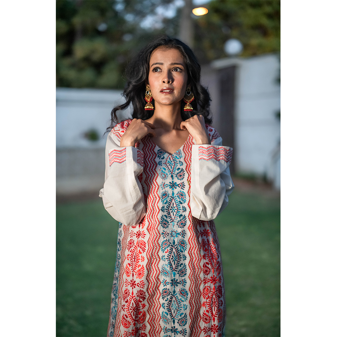 Kantha Kurta-Red & Aqua - Image 2