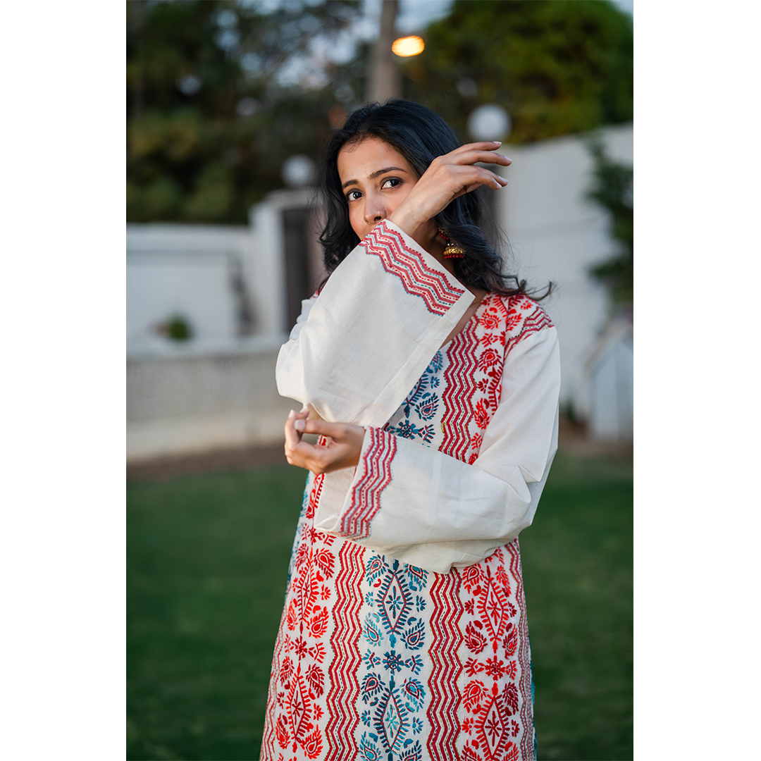 Kantha Kurta-Red & Aqua - Image 4